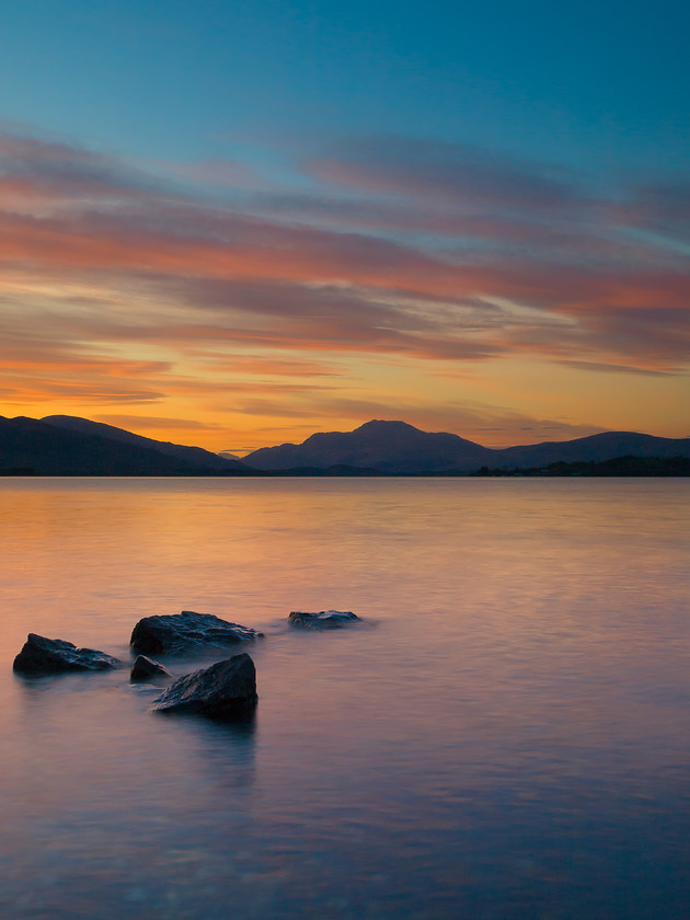 P5089415 
 Loch Lomond Sunset 
 Keywords: E-3, Loch Lomond, Olympus, Scotland, landscapes, lochs, rocks, shore, sunset, water