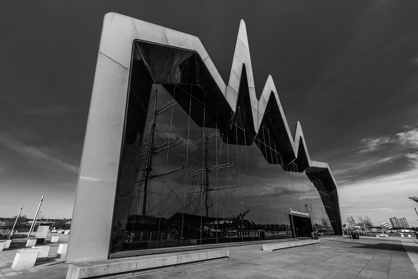 DSC 1843 
 Keywords: Glasgow, Riverside Museum, Scotland, West of Scotland, Zaha Hadid, architecture, black and white, buildings, city, mono