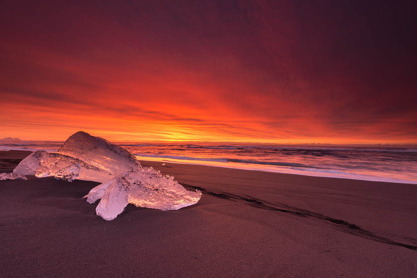 Ice Dawn 
 Dawn Light, Jokulsarlon Beach 
 Keywords: Iceland, Jökulsárlón, beach, black sand, dawn, ice, landscapes, sunrise, waves, winter