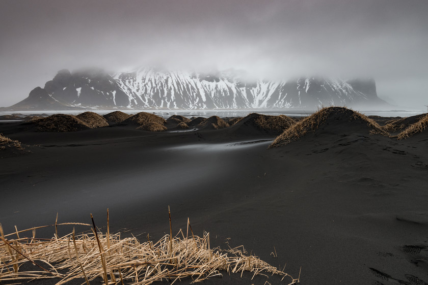 DSC2367 
 www.keithmuirphoto.co.uk 
 Keywords: Iceland, Mount Vestrahorn, Stokksnes, black sand, coast, dunes, landscapes, rain, sandshore, travel