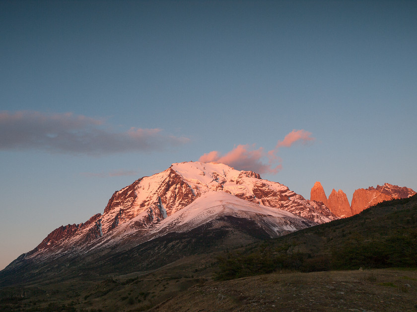 PA145382 
 Torres del Paine Sunrise 
 Keywords: Chile, Chilre, Estancia Pudeto, Región de Magallanes y de la Antártica Chilena, Chile, Patagonia, South America, Torres del Paine, dawn, landscapes, mountains, sunrise, travel