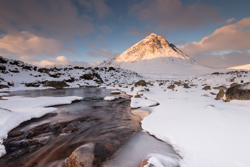 First Light, Buchaille Etive Mor 
 Keywords: Buchaille Etive Mor, Glencoe, Highlands, River Etive, Scotland, West Highlands, dawn, first light, landscapes, morning, mountains, snow, winter