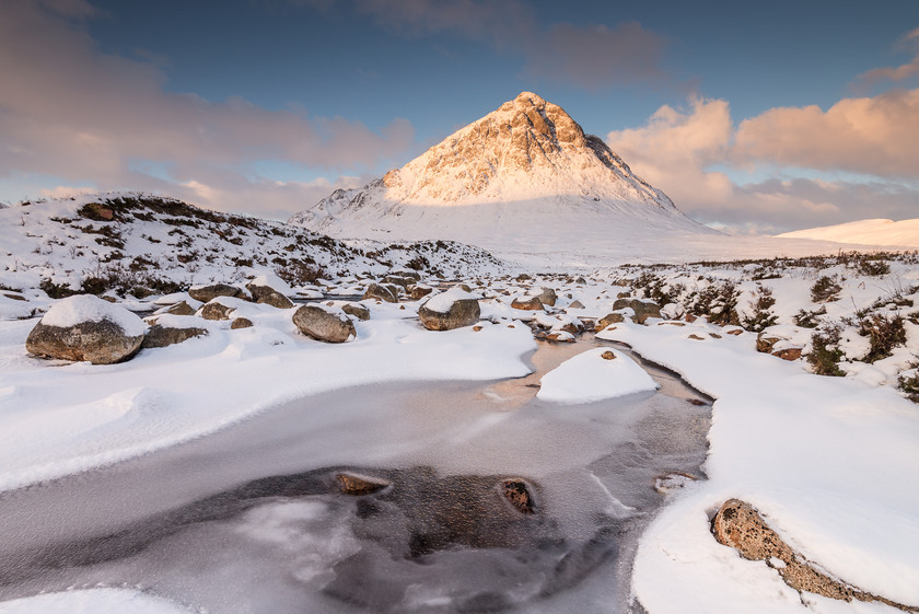 Buchaille Etive Mor Dawn 
 Keywords: Buchaille Etive Mor, Glencoe, Highlands, River Etive, Scotland, West Highlands, dawn, first light, landscapes, morning, mountains, snow, winter