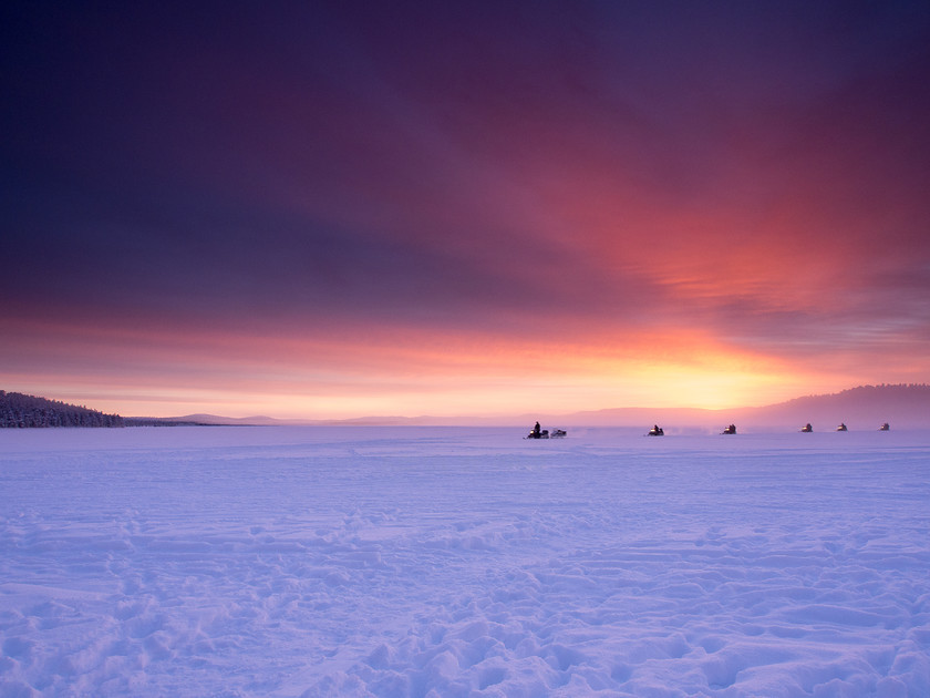 P2110460 
 Arctic Convoy 
 Keywords: Europe, Finland, Lapland, Menesjarvi, Sub-Arctic, dusk, lake, landscapes, snow, sunset, travel, winter