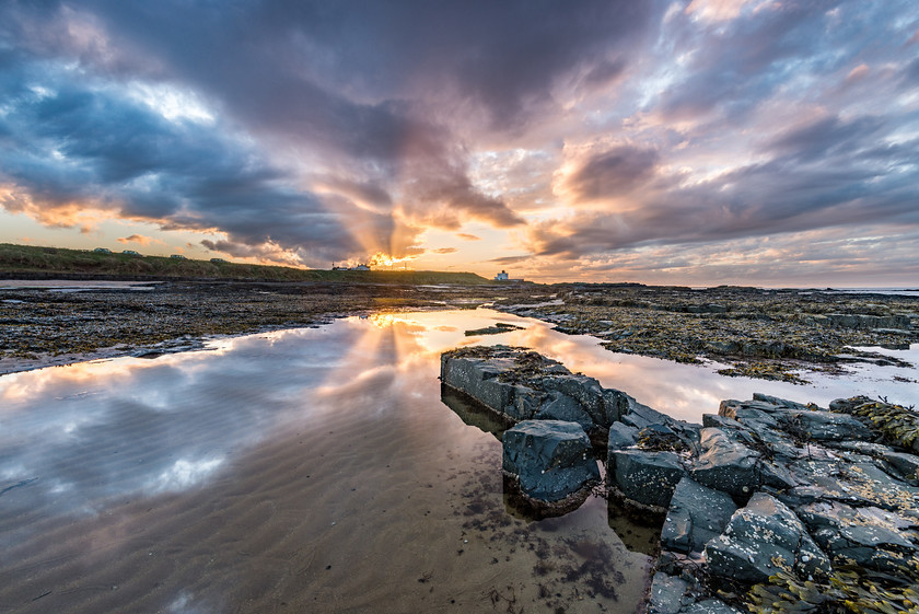 DSC9754-HDR 
 www.keithmuirphoto.co.uk 
 Keywords: Bamburgh, England, Northumbria, beach, clouds, coast, dusk, landscapes, reflections, sea, seascapes, shore, sunset, waves