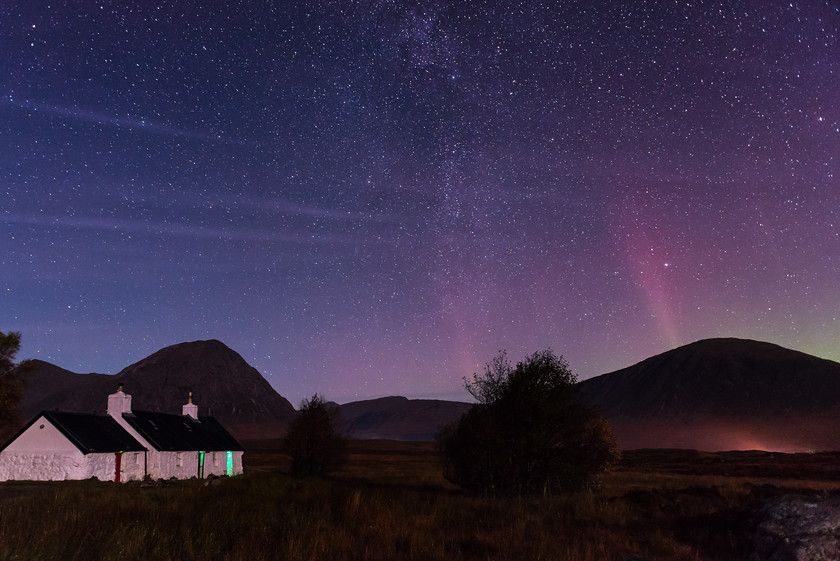 Aurora over Glencoe 
 www.keithmuirphoto.co.uk 
 Keywords: Black Rock Cottages, Glencoe, Highlands, Northern Lights. landscapes, Scotland, West Highlands, aurora, aurora borealis, landscapes, long exposure, moonlight, mountains, night, night photography, night sky, stars