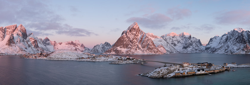 DSC2551-Pano 
 www.keithmuirphoto.co.uk 
 Keywords: Arctic, D850, Lofoten, Norway, Reinefjord, Sakrisoy, Sakrisøy, WPH, Wild Photography Holidays, dawn, landscapes, mountains, sea, sunrise, travel, winter