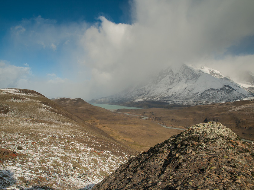 PA124239 
 Torres del Paine and Lake Norenskjold in Cloud 
 Keywords: Chile, Patagonia, South America, Torres del Paine, travel