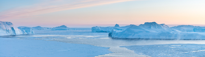 DSC7130-Pano 
 www.keithmuirphoto.co.uk 
 Keywords: Arctic, Disko Bugt, Greenland, Icefjord, Ilulissat, ice, icebergs, landscapes, sea ice, snow, sunset, travel, winter